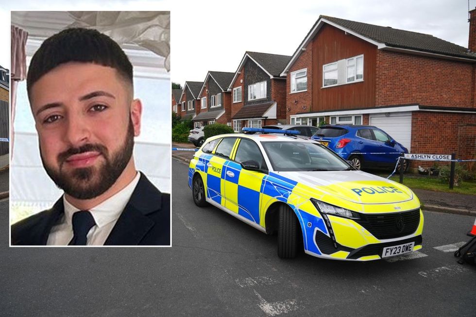 Kyle Clifford with a police car outside the Hunt's Hertfordshire home