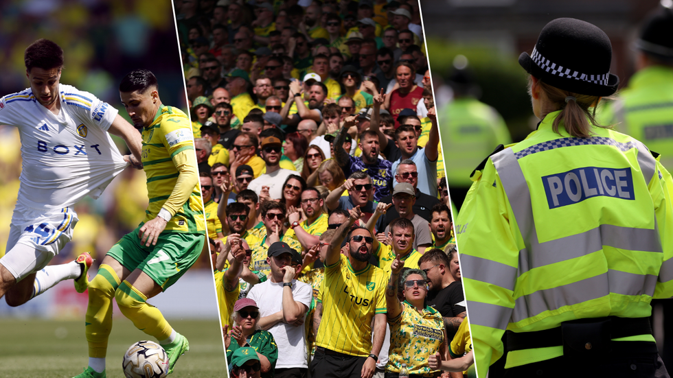 Leeds and Norwich players/Norwich fans/Police outside Carrow Road