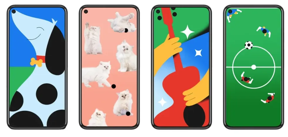 lineup of pixel 4a phones with different backgrounds highlighting the cut-out camera hole