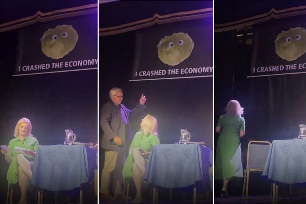 Liz Truss storms off stage as ex-PM's event interrupted by 'lettuce' prank