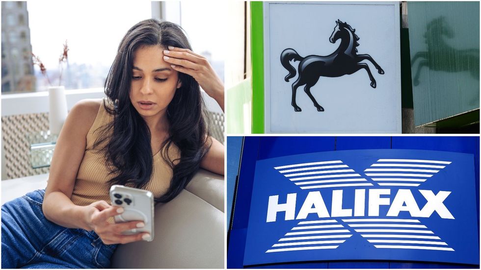 Lloyds, Halifax and woman looking worried 