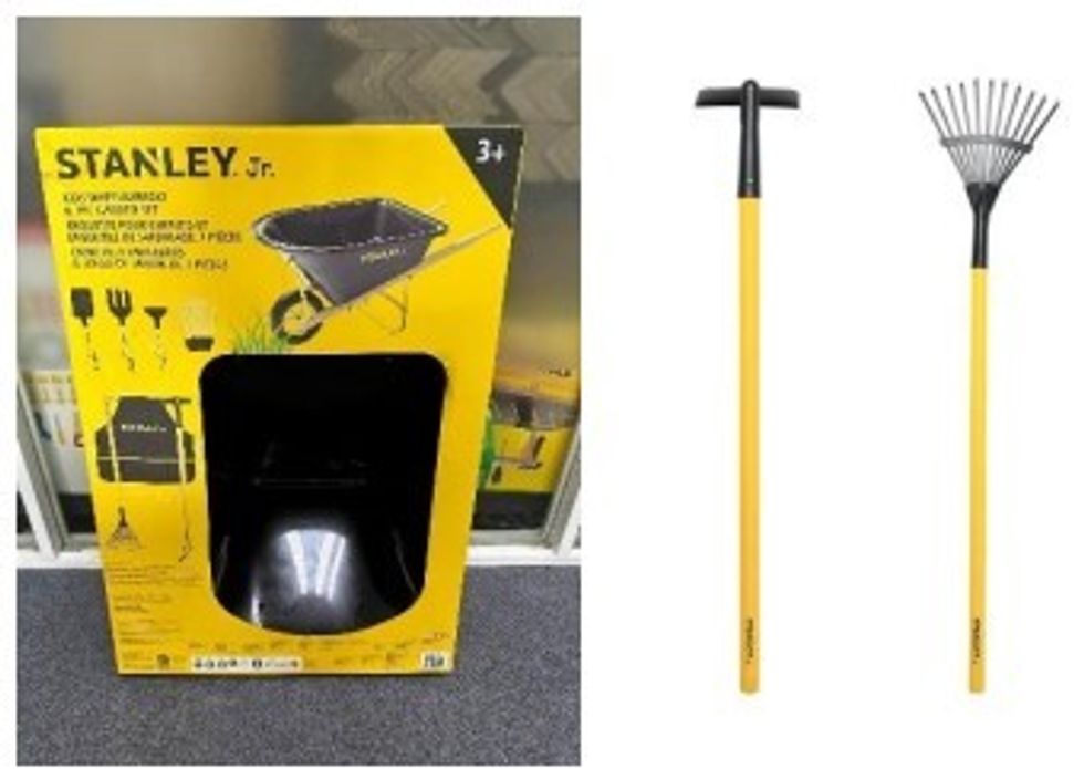 Long Handle Hoe and Rake in Stanley Jr. Kids Wheelbarrow and 7-piece Garden Set sold by Costco