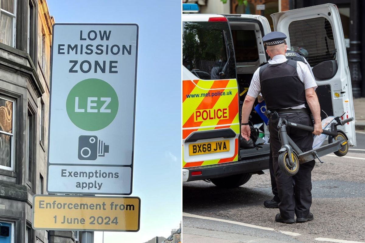 Low Emission Zone sign and a police officer taking away an electric scooter