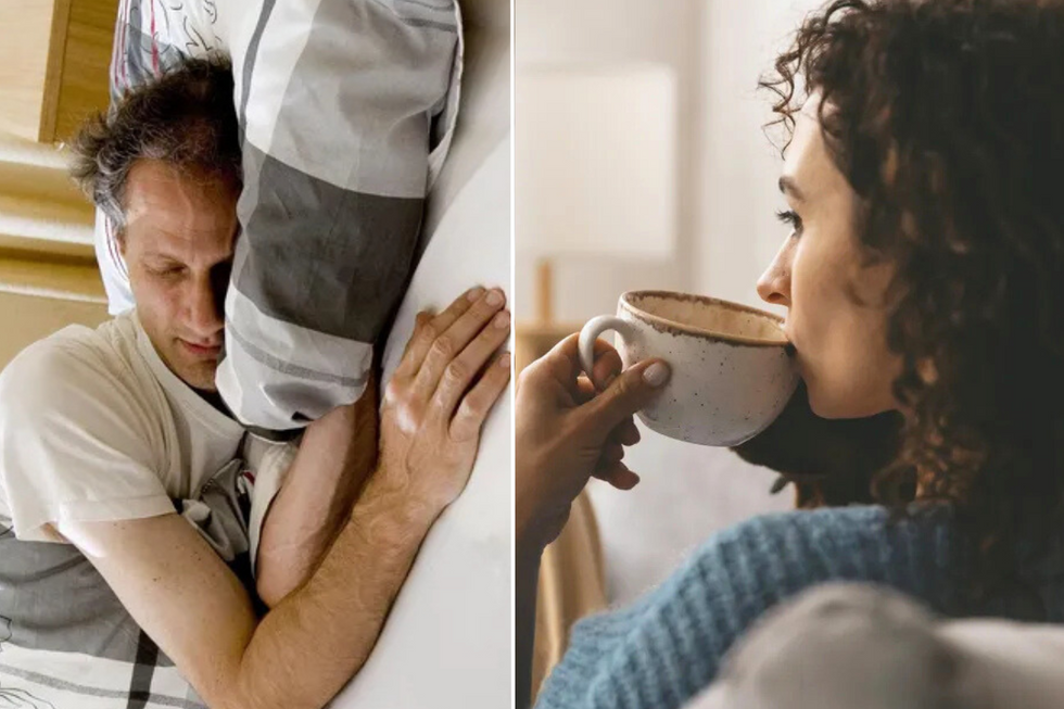 Man asleep / woman drinking coffee