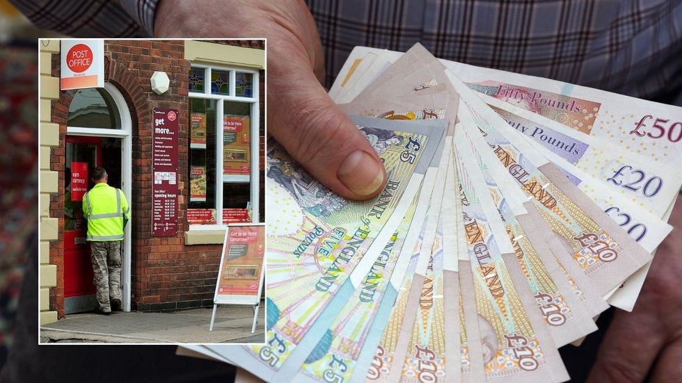 Man holding cash and Post Office branch