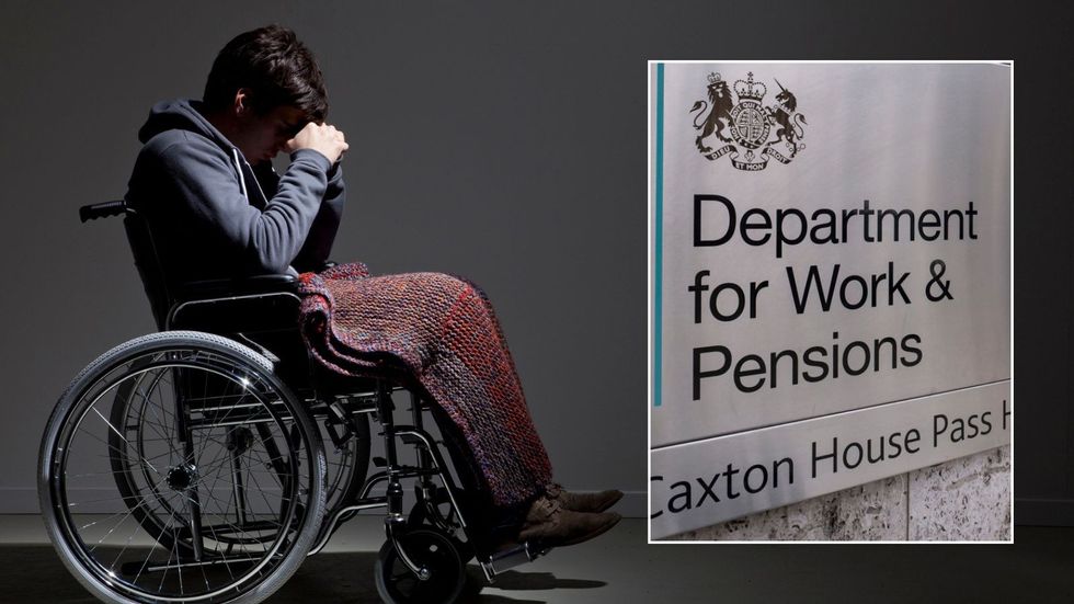 Man in wheelchair and DWP sign