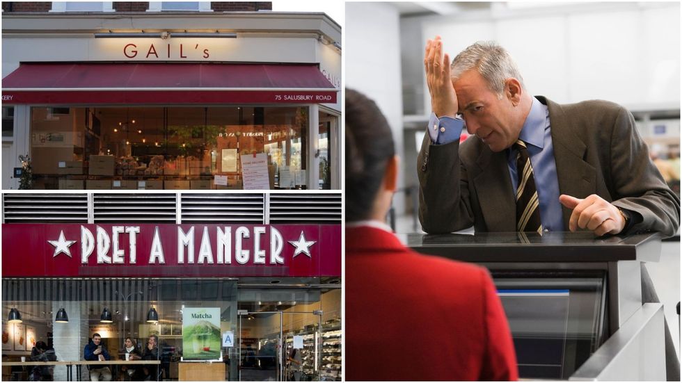 Man looking annoyed, Pret A Manger and Gail's Bakery