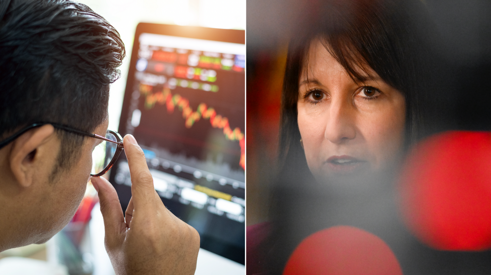 Man looking at a computer screen (left), Rachel Reeves (right)