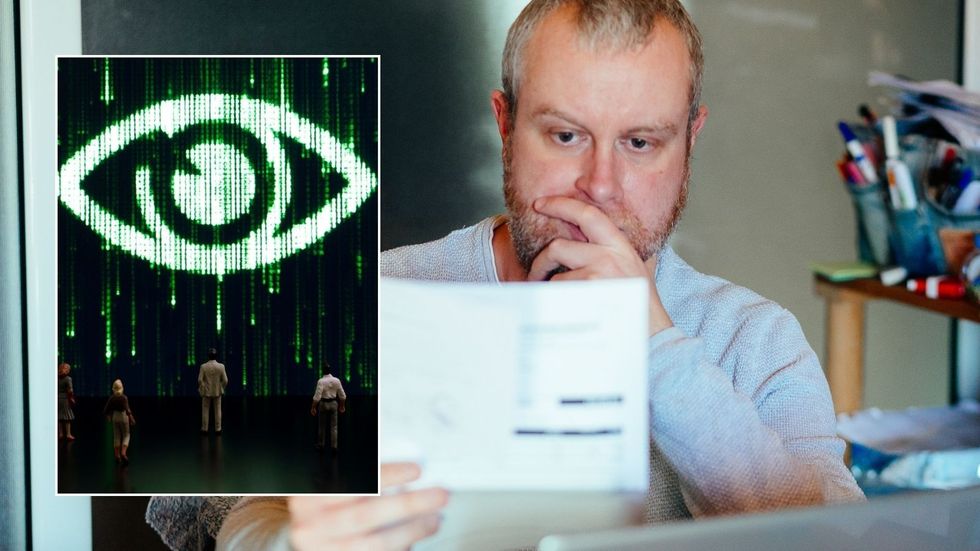 Man looking at bank statement and Big Brother sign