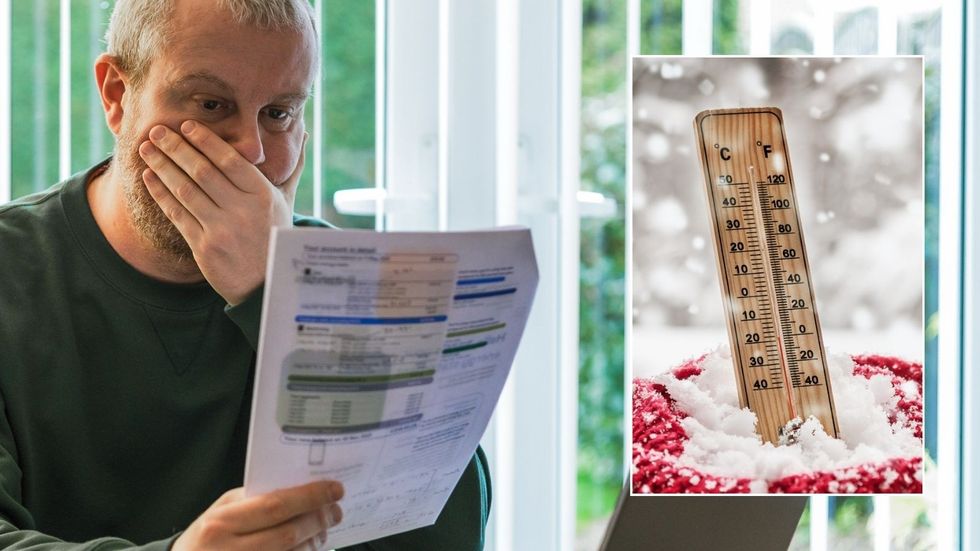 Man looking at bill and frozen thermostat