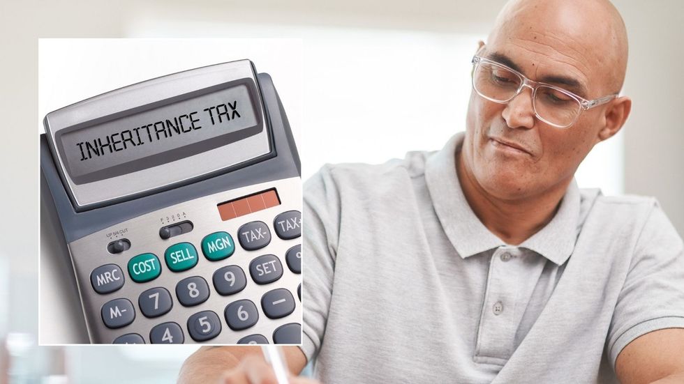 Man looking at form and inheritance tax on calculator 