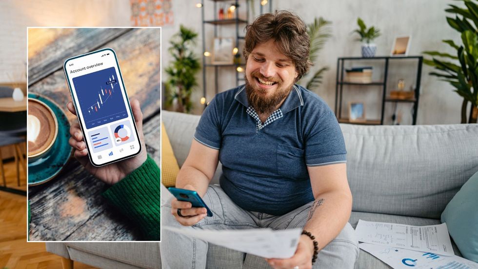 Man looking at phone and bank account on phone 