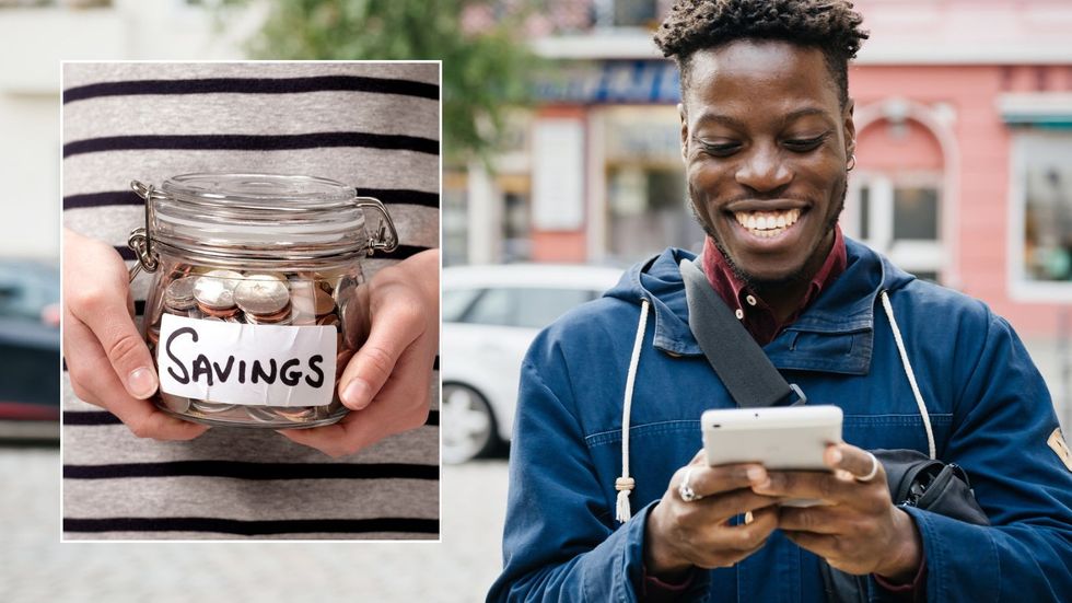 Man looking at phone and savings pot 