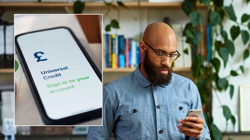 Man looking at phone and Universal Credit sign 