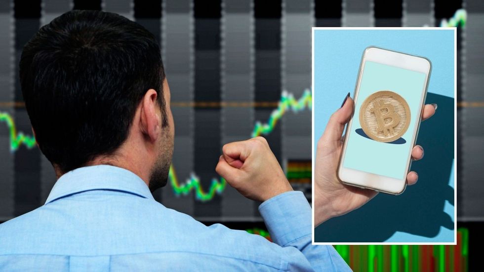 Man looking at stock market and Bitcoin