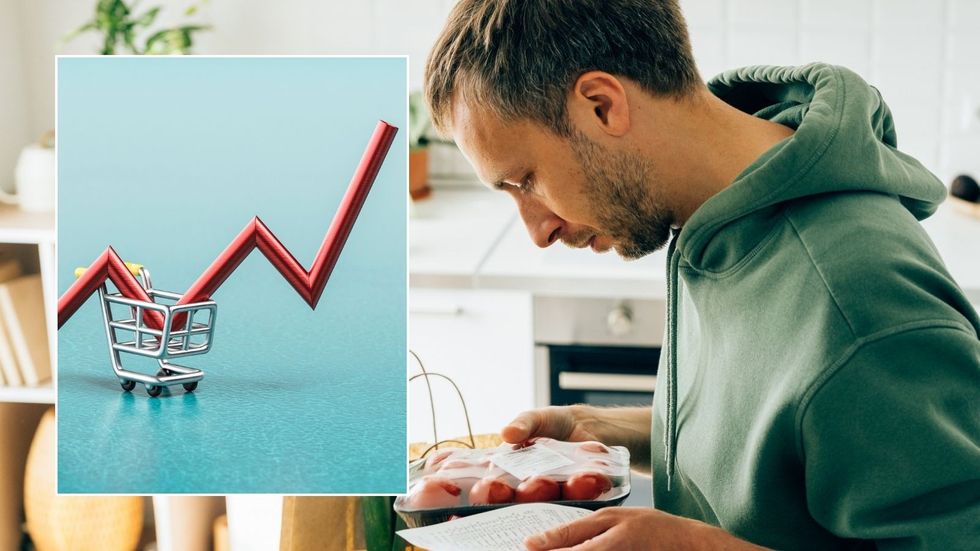 Man looking at supermarket bill and inflation sign 