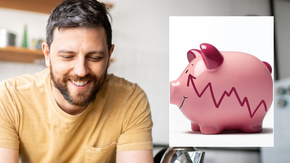 Man looking happy and piggy bank