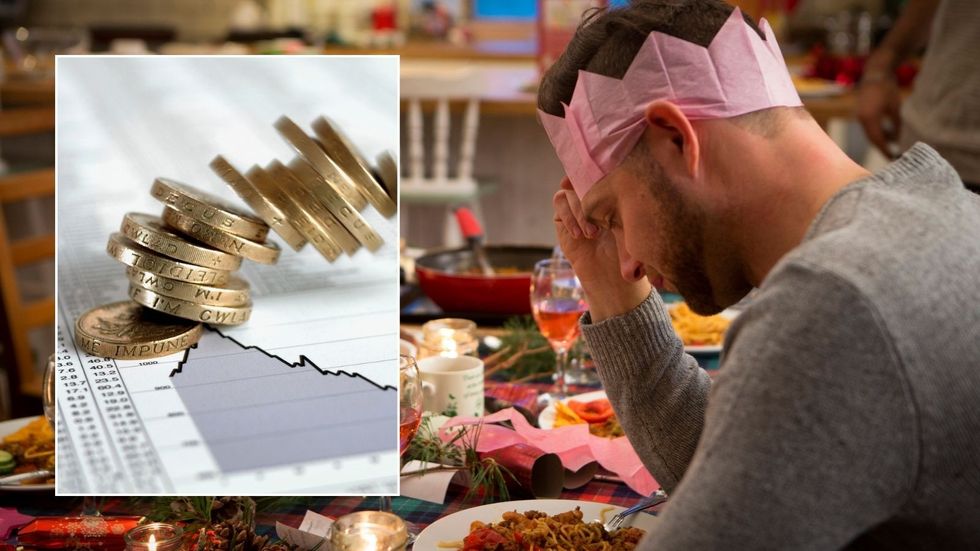 Man looking sad at Christmas dinner and pounds falling