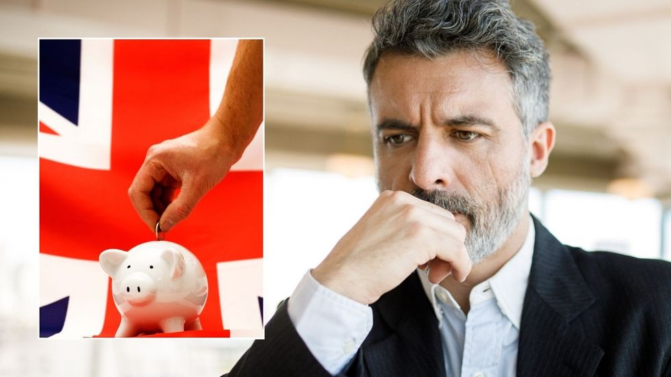 Man looking serious and person saving money