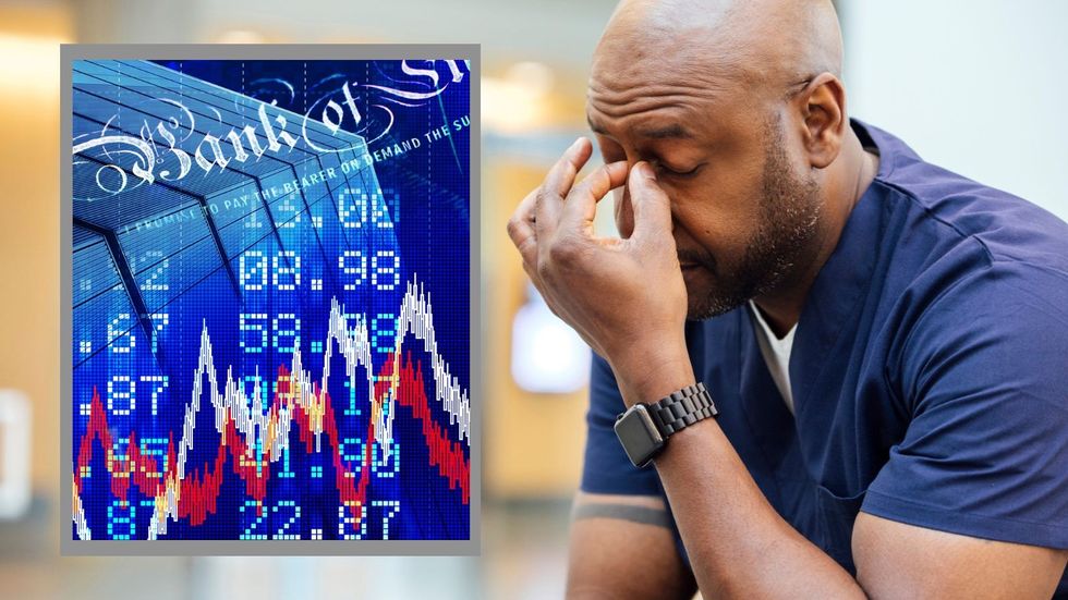 Man looking stressed and Bank of England interest rate graph