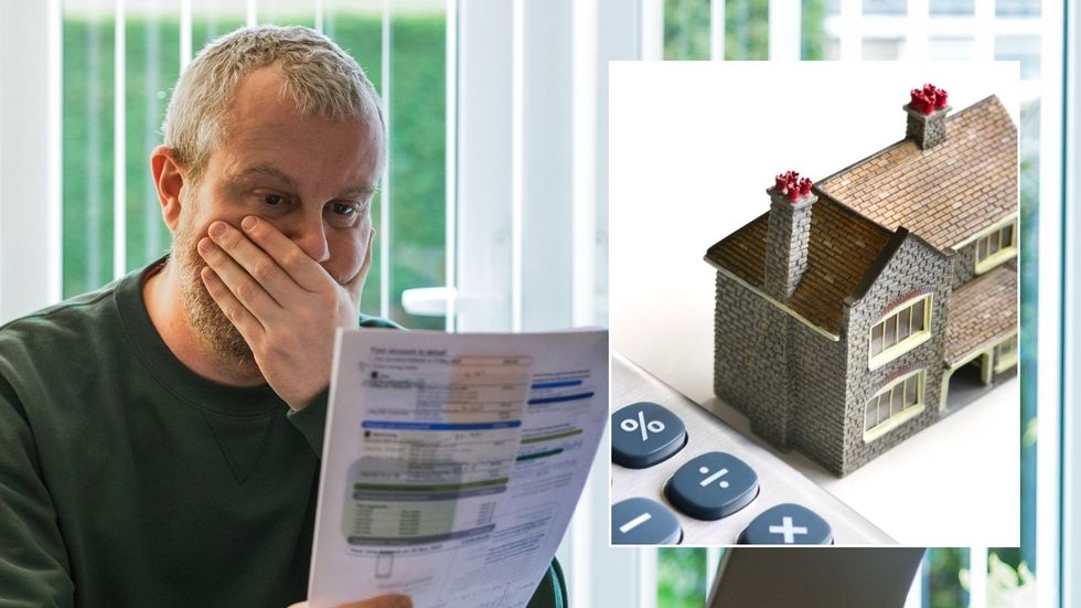 Man looking worried and little house/calculator