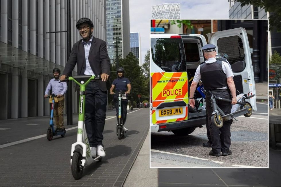 Man riding an e-scooter and a police officer taking an e-scooter away