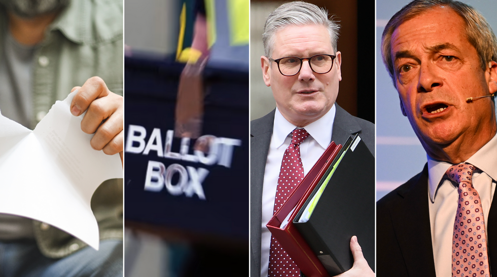 Man ripping up paper (far left), ballot box (second from left), Keir Starmer (third from left), Nigel Farage (right)