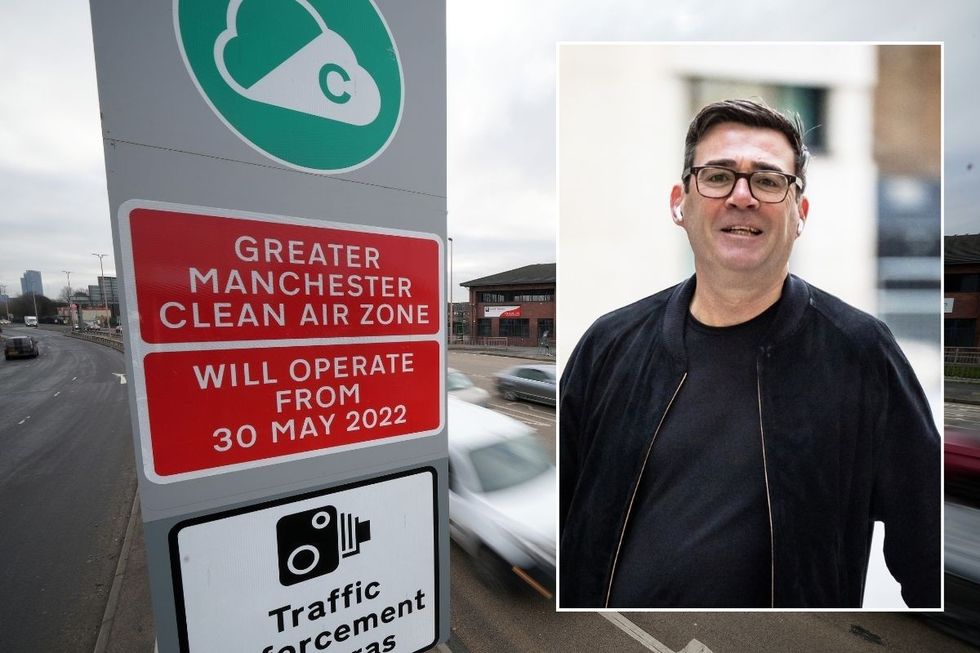 Manchester Clean Air Zone sign and Manchester Mayor Andy Burnham