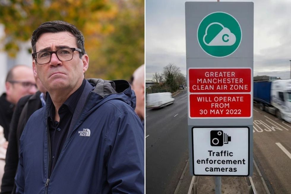 Manchester Mayor Andy Burnham and Manchester Clean Air Zone sign