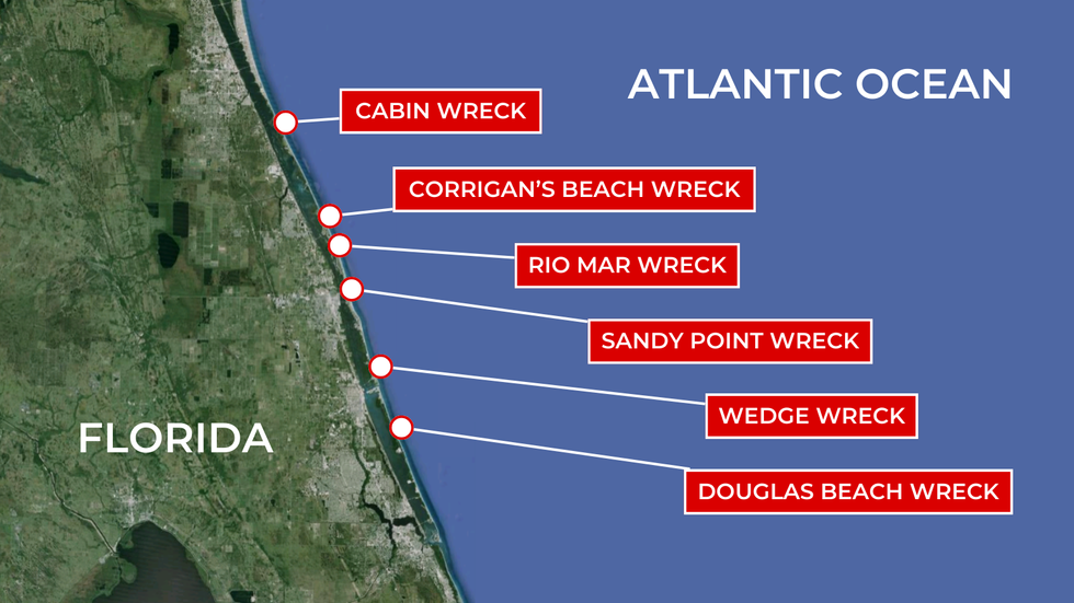 Map of notable wrecks from the 1715 fleet