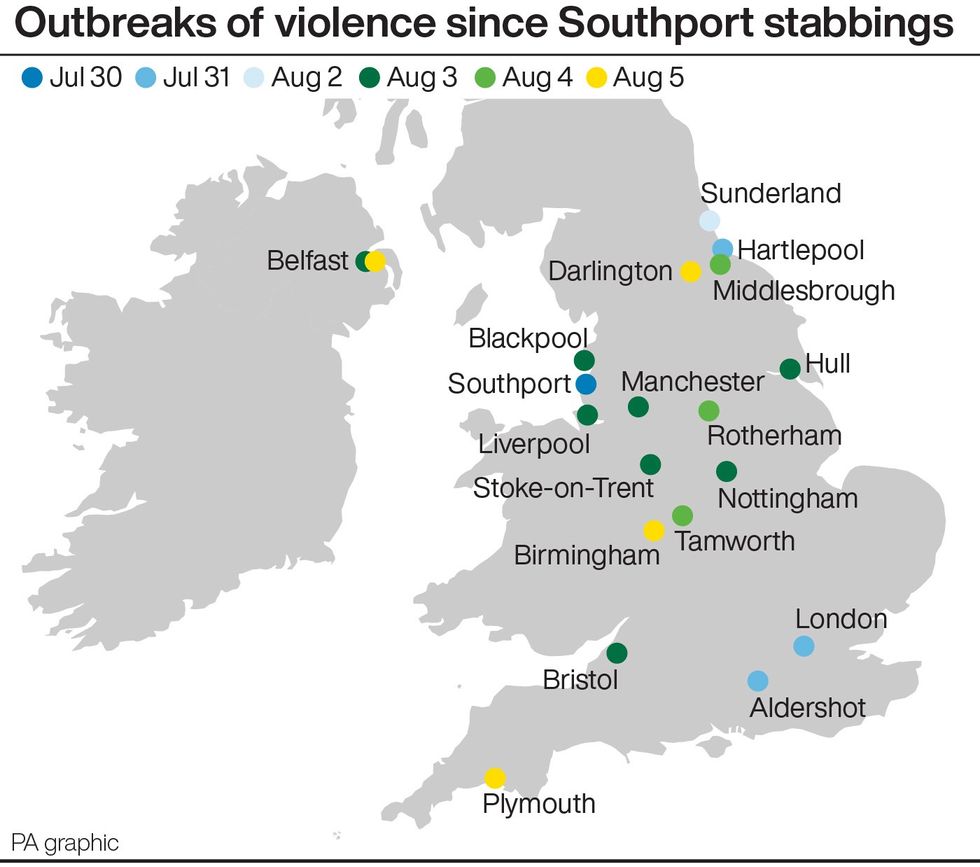 Map of outbreaks of violence since Southport stabbings