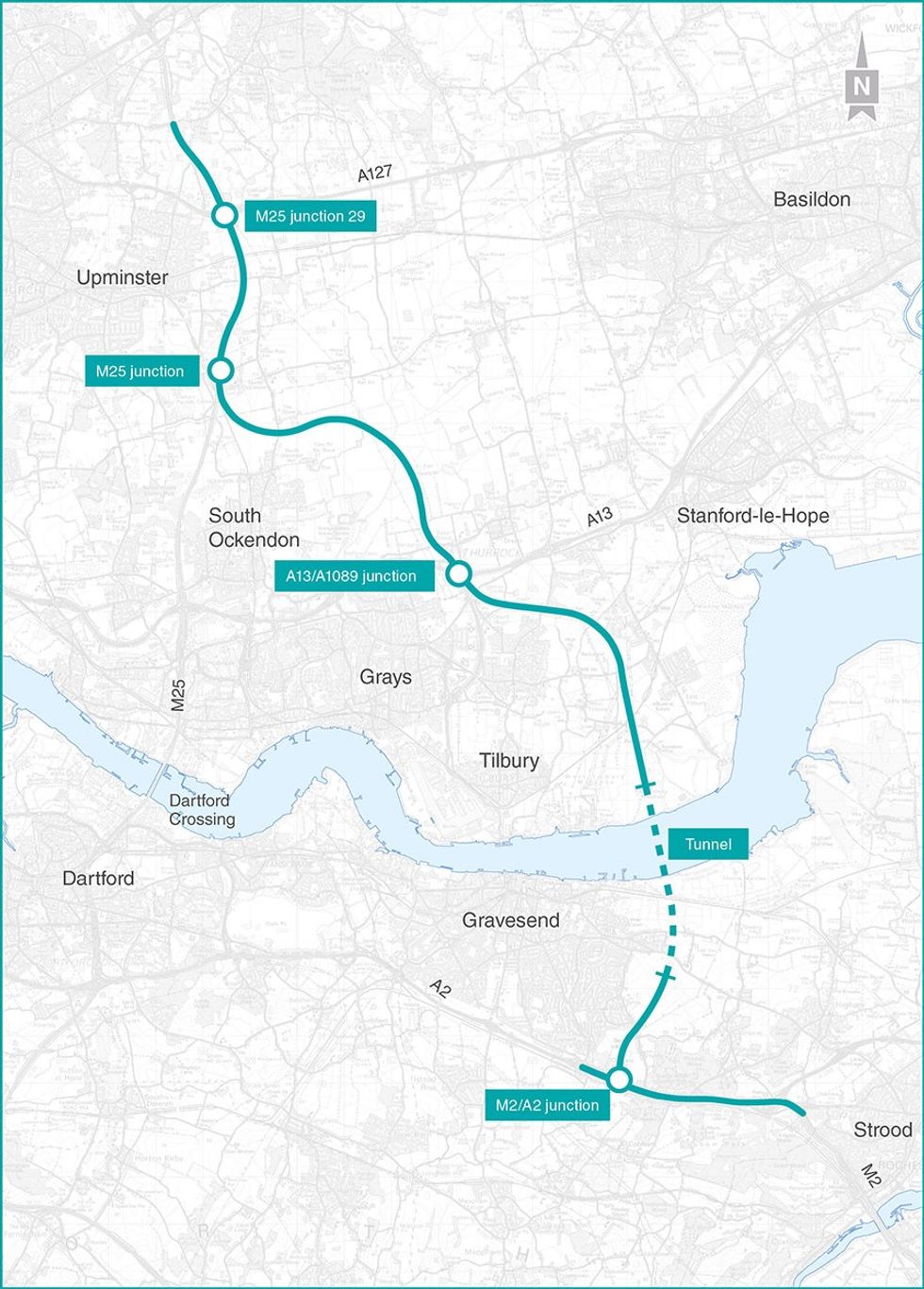 Map of the planned Lower Thames Crossing