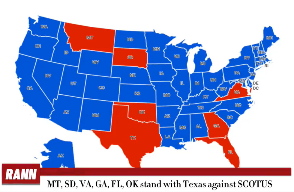 Map showing states supporting Texas