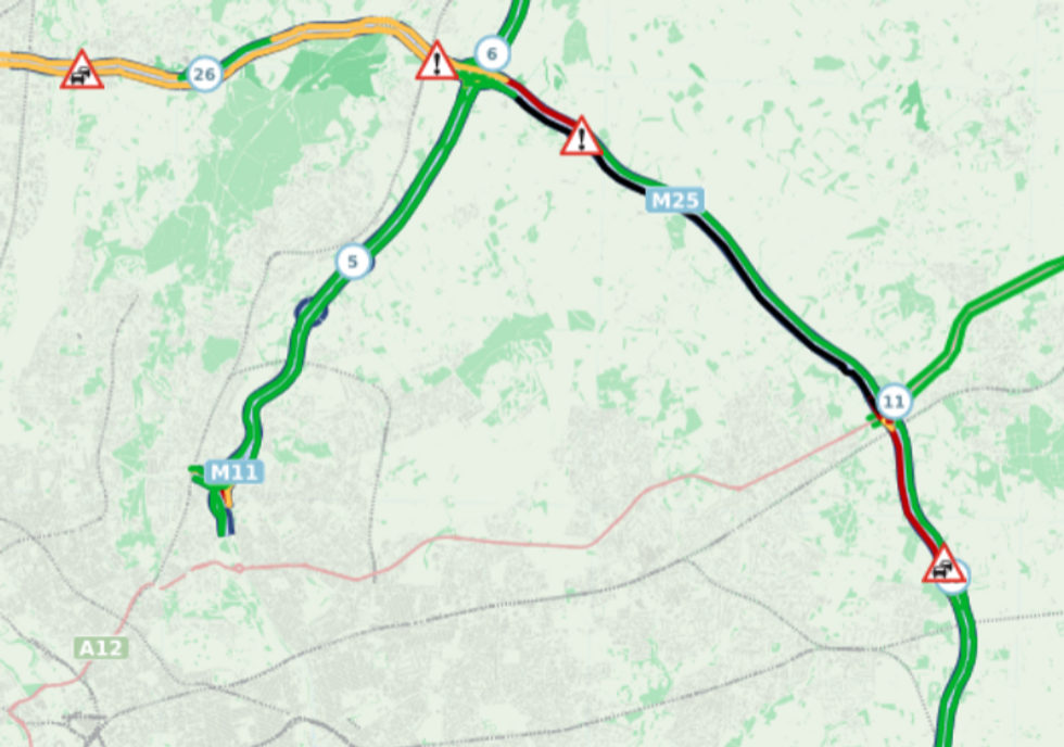 Map showing traffic along the M25 after a lorry crash