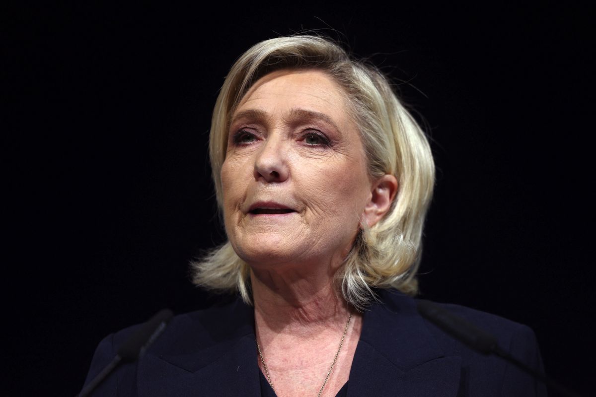 Marine Le Pen, French far-right leader and far-right Rassemblement National (National Rally - RN) party candidate, deliver a speech after partial results in the first round of the early French parliamentary elections in Henin-Beaumont