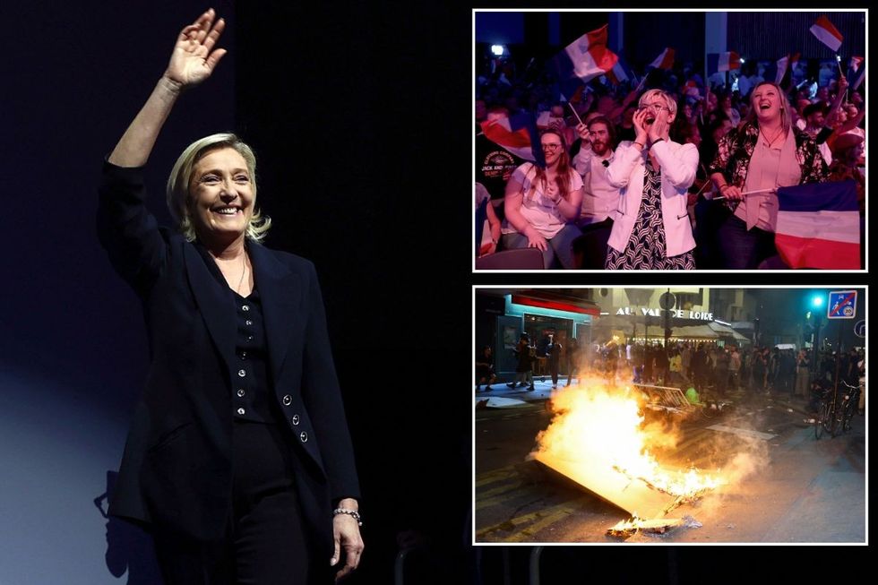 Marine Le Pen with an inset of National Rally protesters and French protesters