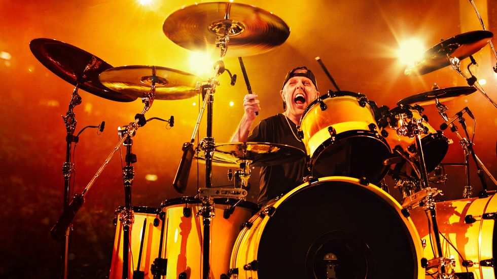 Metallica drummer Lars Ulrich captured playing the drums during the immersive concert