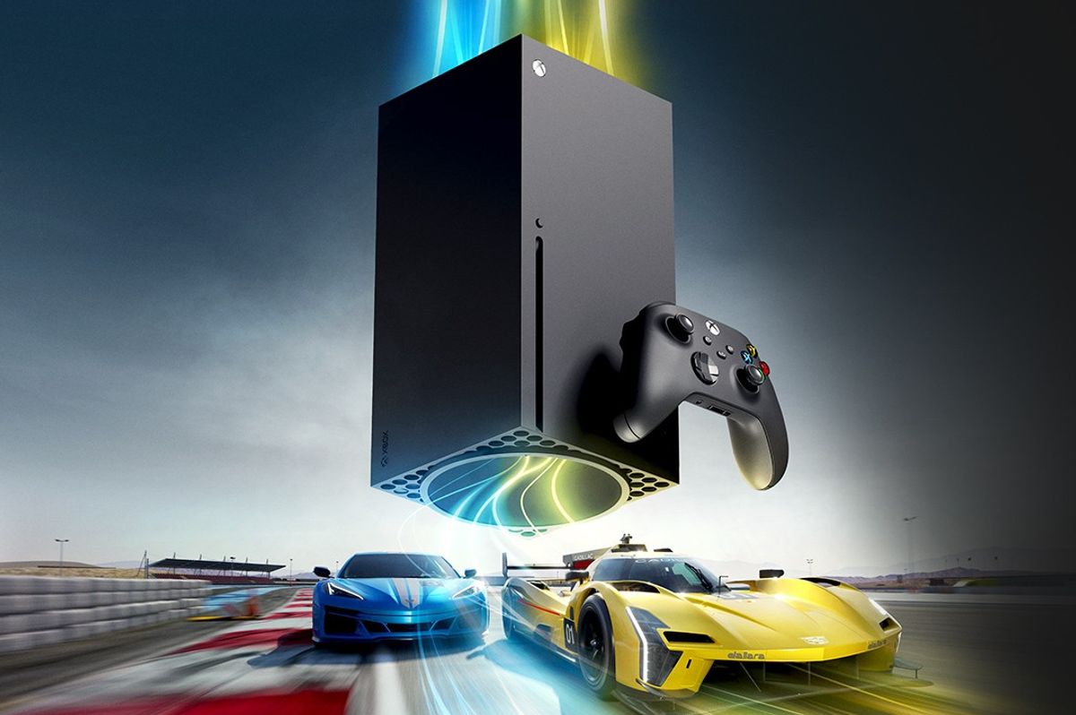 microsoft xbox console series x with wireless controller shown floating above a race track with colourful streaks and CGI graphics 
