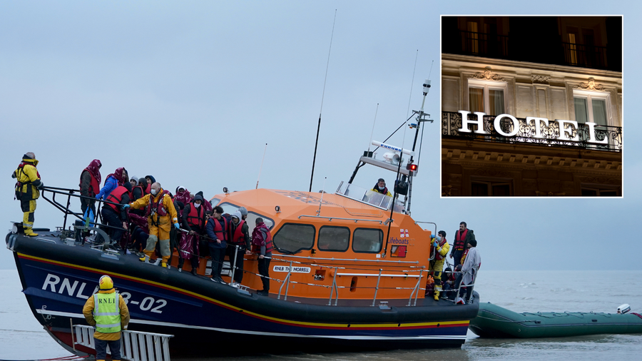 Migrant boat and hotel sign