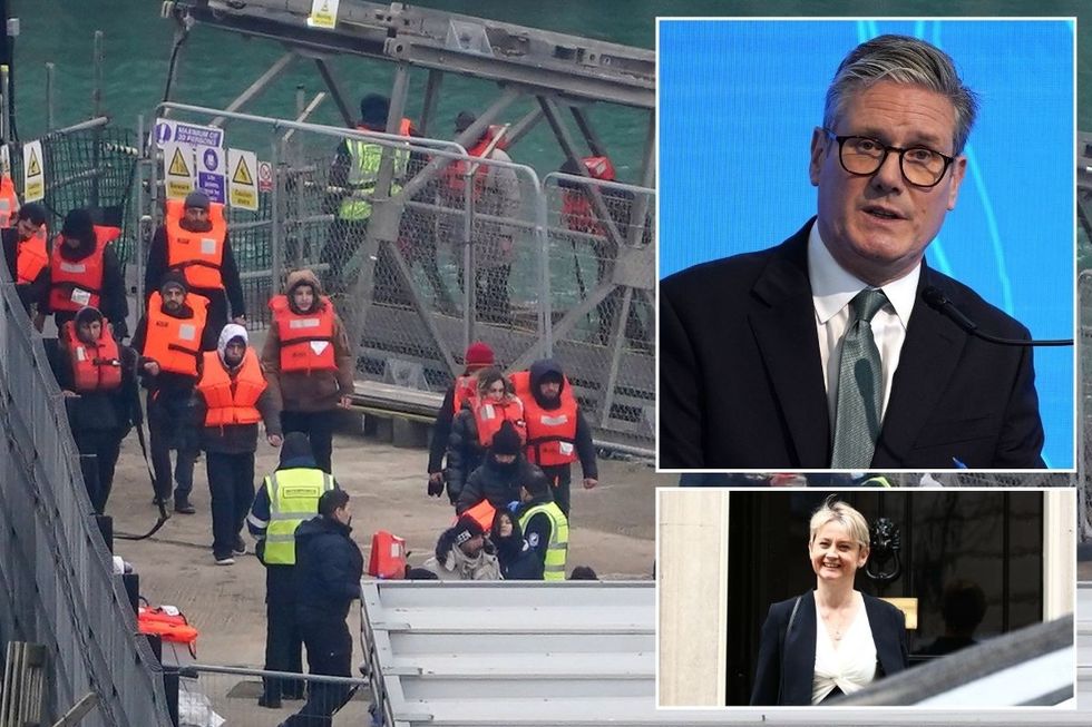 Migrants arriving in Kent with insets of Keir Starmer and Yvette Cooper