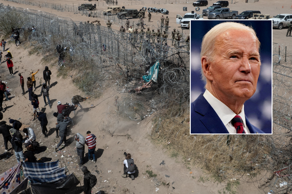 Migrants on US-Mexico border alongside inset of Joe Biden