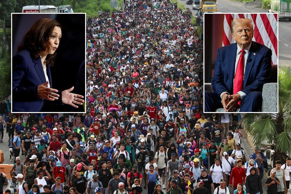 Mirants walking towards US border, Kamala Harris and Donald Trump