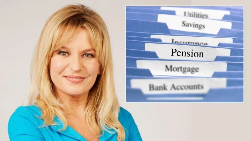 Money expert Jasmine Birtles next to pension folder