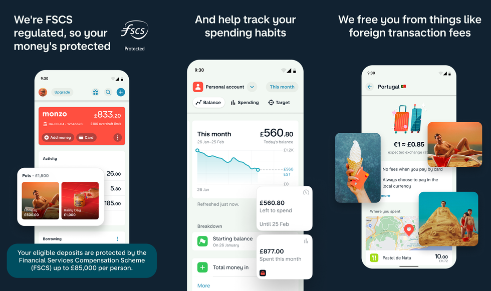 monzo screenshots showing the features built into the android app