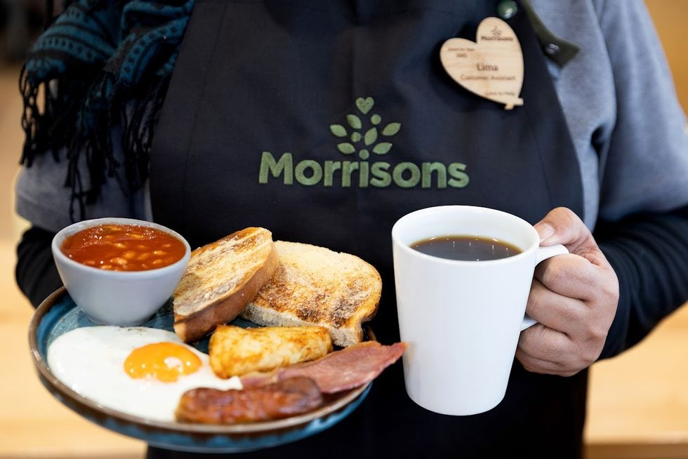 Morrisons colleague holding fry-up and black coffee