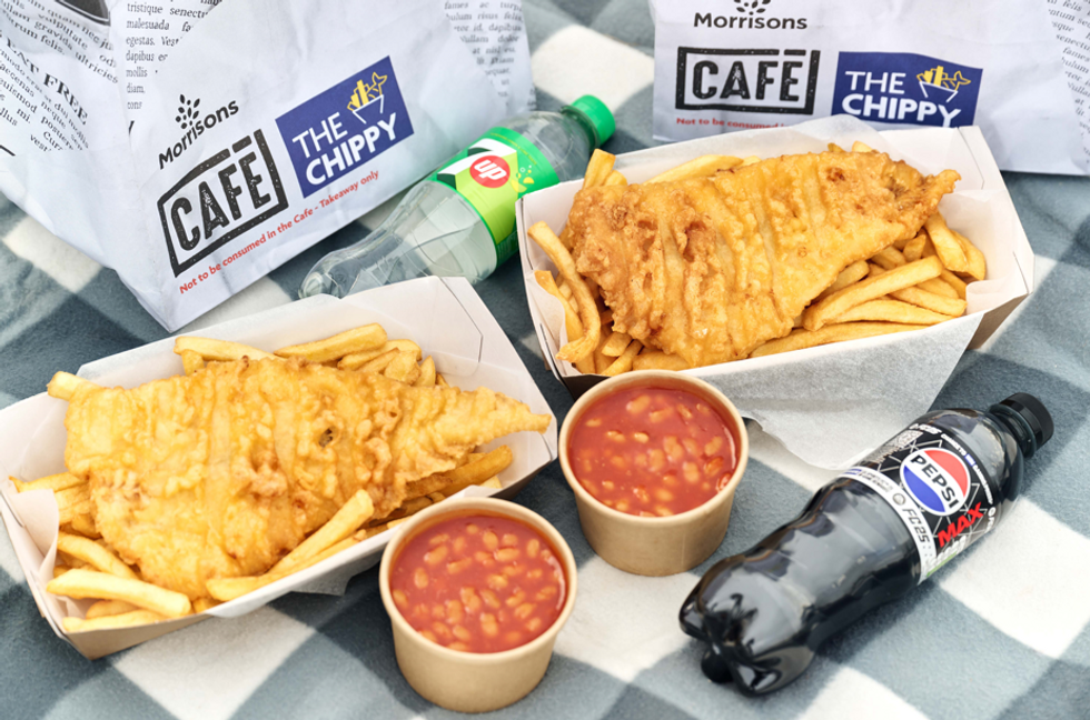 Morrisons fish and chips with beans and drinks