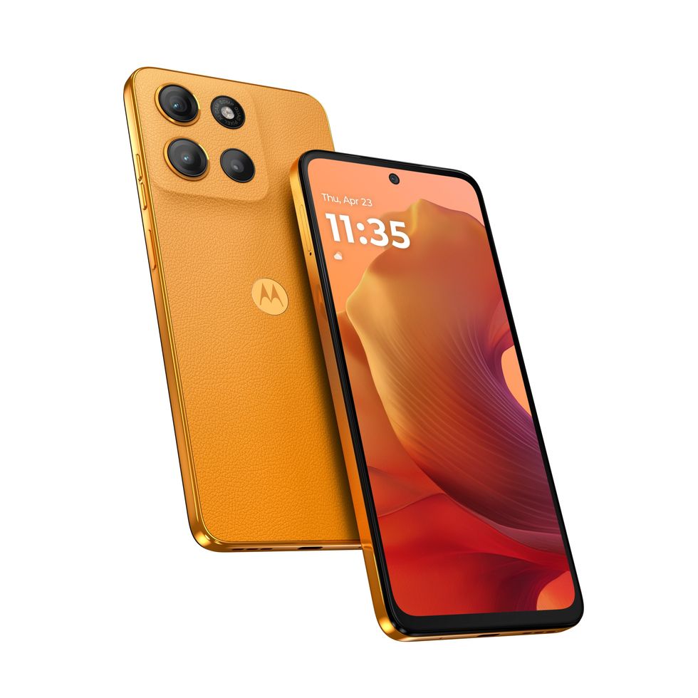 motorola g15 smartphone shown from the front and back in orange on a white background