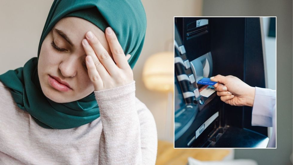 Muslim woman and person using ATM