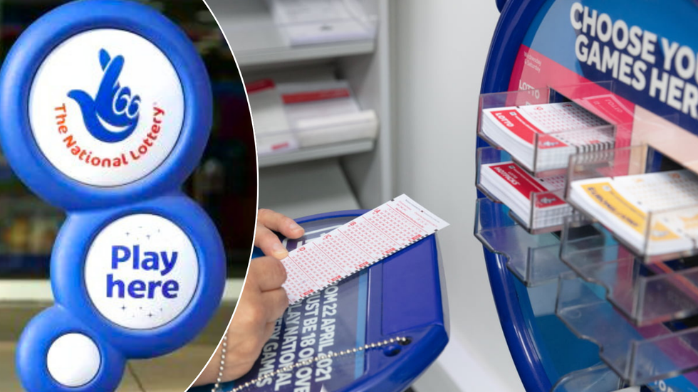 National Lottery sign/person filling out ticket