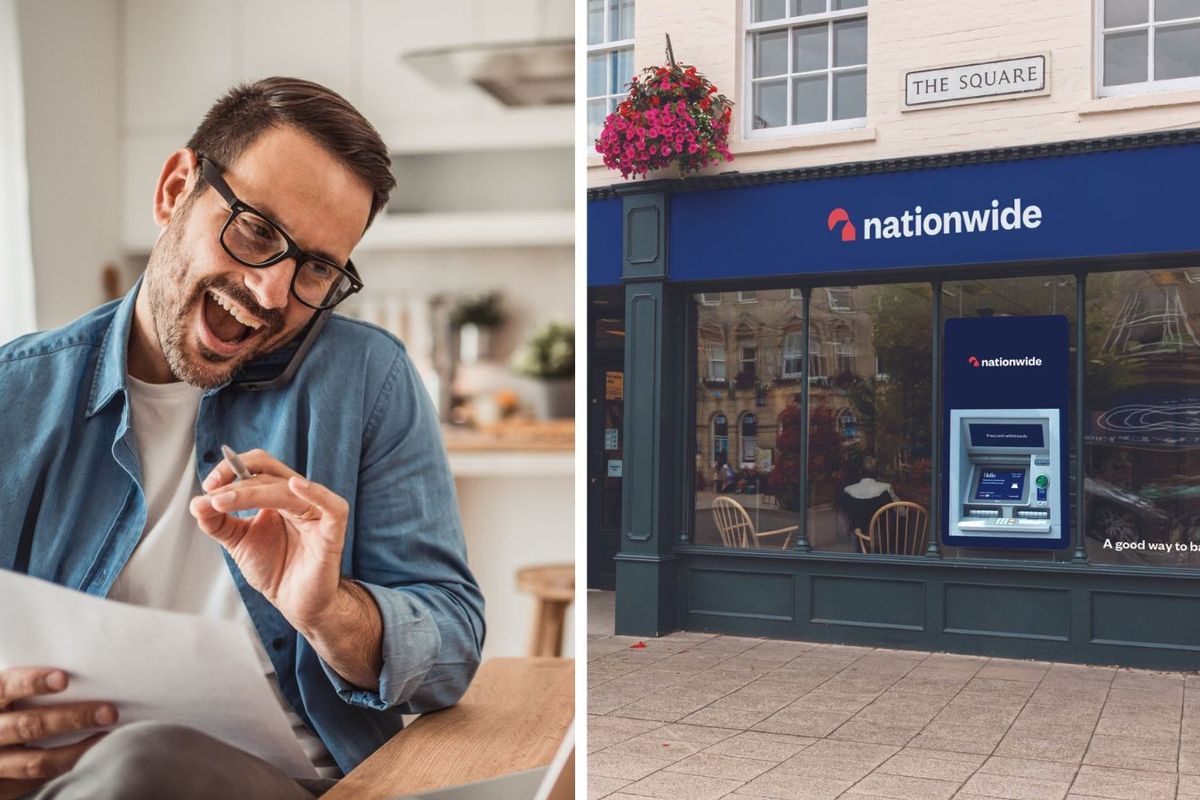 Nationwide Building Society branch and man looking happy